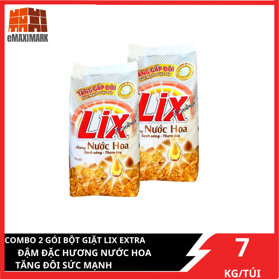 COMBO 2 gói Bột giặt Lix Extra Hương nước hoa (Vàng) tăng gấp đôi sức mạnh giặt tẩy 7kgX2