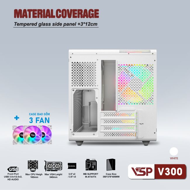 Vỏ máy tính Case VSP V300 [TRẮNG] sẵn 3 Fan LED ARGB Gaming Kính cường lực (M-ATX/ ITX) - Hàng chính hãng VSP phân phối