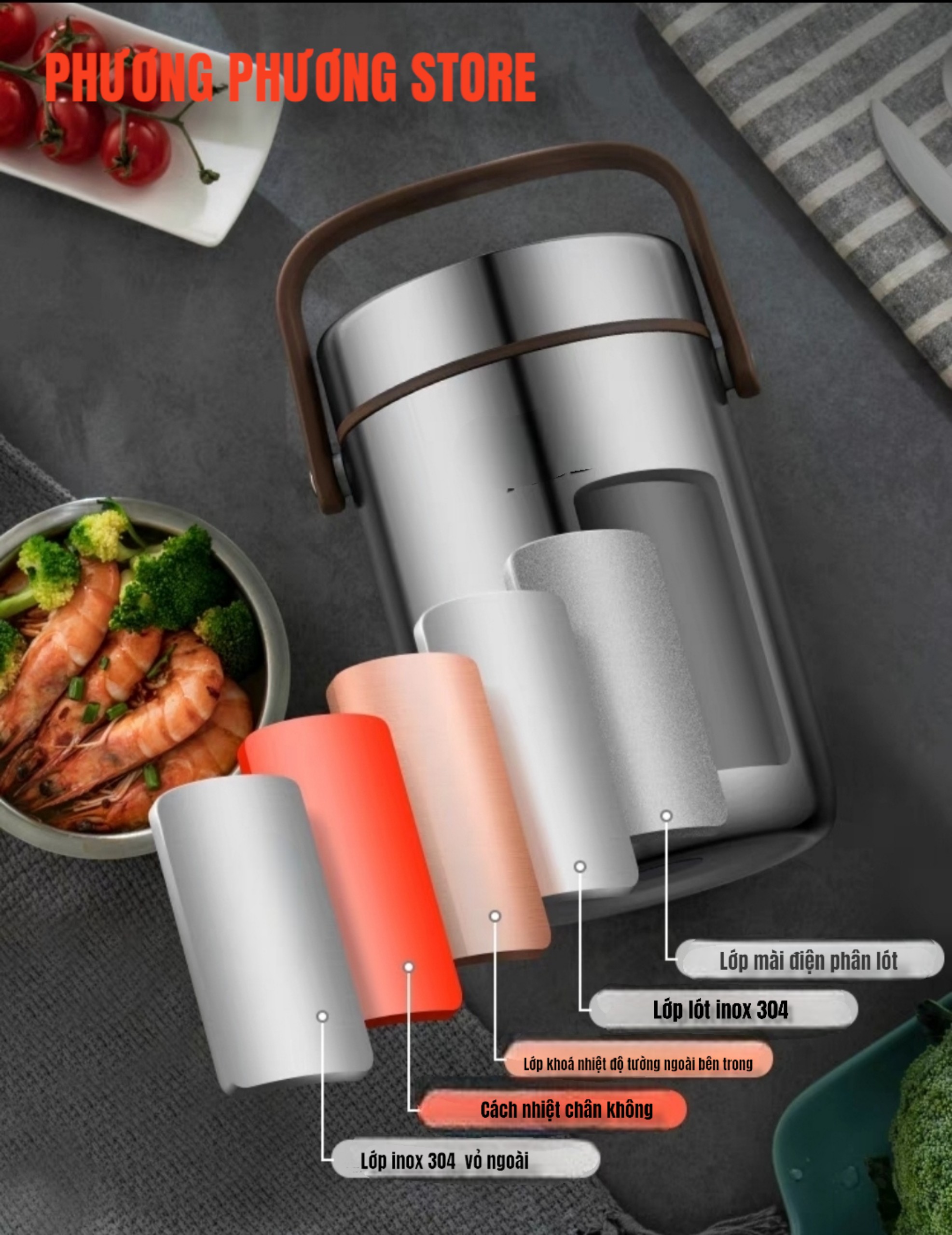 Cặp lồng cơm, hộp cơm giữ nhiệt văn phòng chất liệu inox JX 304 cao cấp, cặp lồng cà men 3 tầng, nắp chống tràn, 5 lớp giữ nhiệt tốt