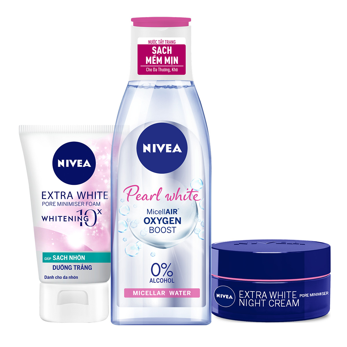 Bộ 3 Nước Tẩy Trang NIVEA Pearl White Làm Sáng Da Micellar Water (200ml) - 84911 &amp; Sữa rửa mặt NIVEA Pearl White giúp trắng da ngọc trai (100g) - 81295 &amp; Kem Dưỡng Trắng Da NIVEA Extra White Se Khít Lỗ Chân Lông Ban Đêm (50ml) - 86740