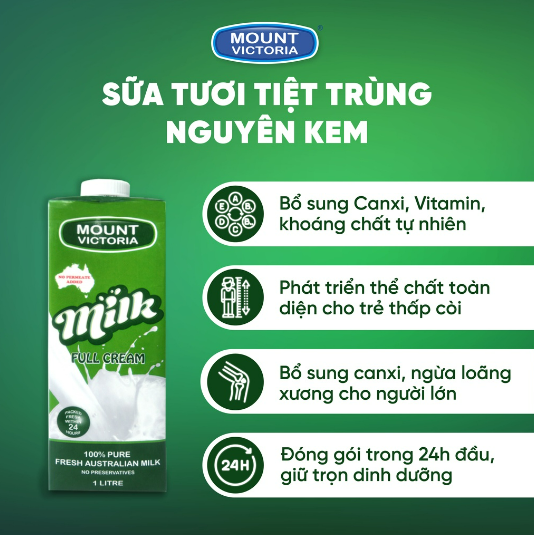 1 Thùng 12 Hộp Sữa Tươi Nguyên Kem Tiệt Trùng Úc Mount Victoria 1 Lít Nhập Khẩu Chính Hãng, Vị Ngon, Dễ Uống, Không Béo