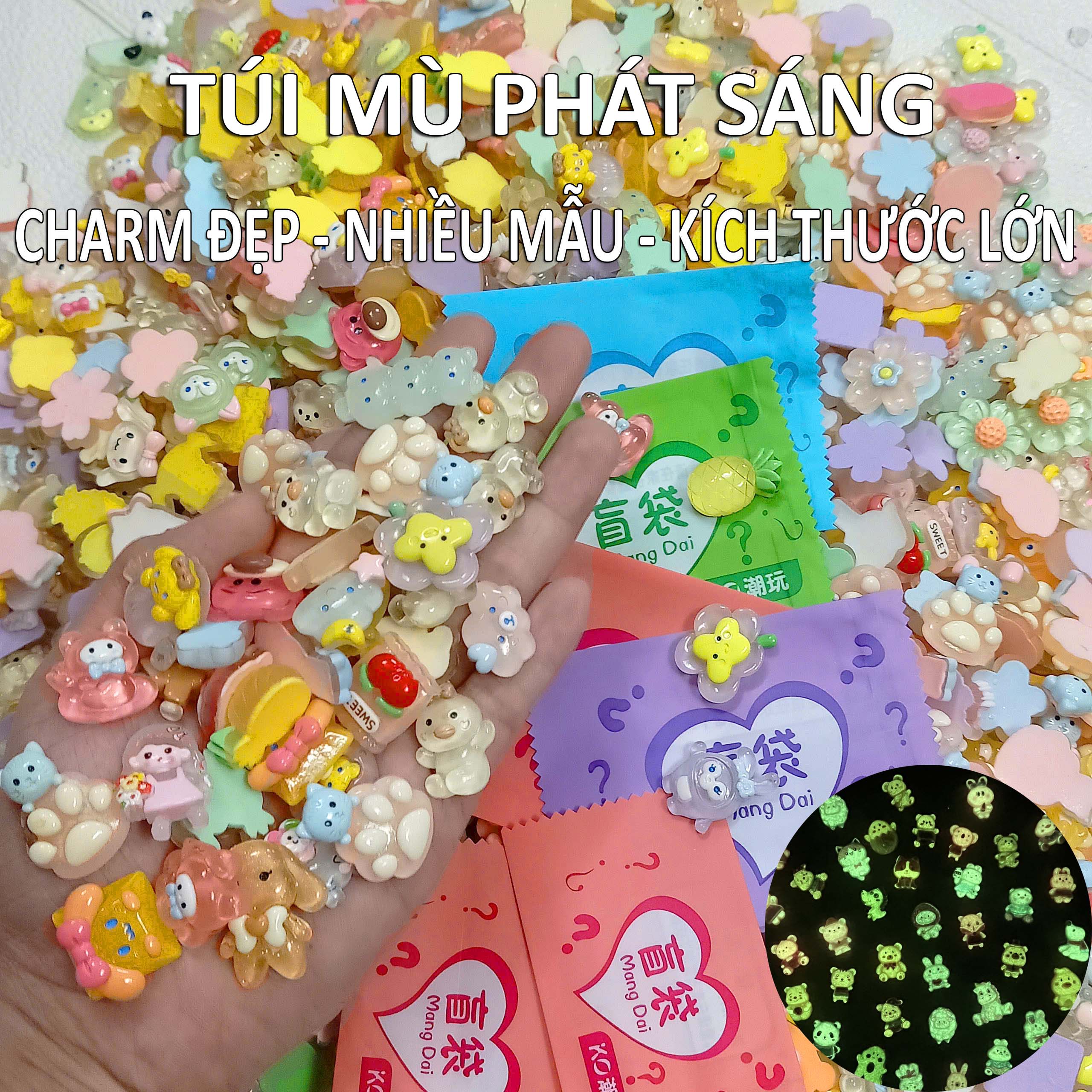 [Hàng sẵn HCM] 100 Túi Mù Charm Phát Sáng Labubu Capybara Gấu Dâu Kuromi Melody Kitty Đồ chơi Cho Bé