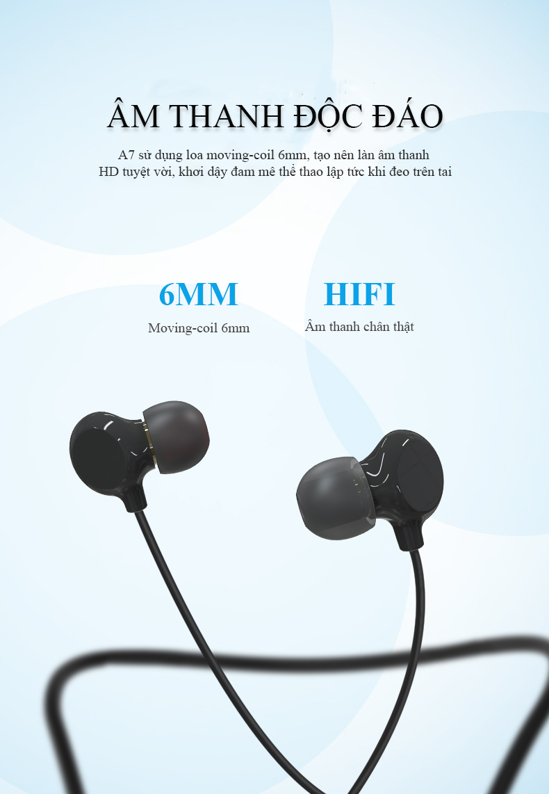 Tai nghe bluetooth Vỏ gốm đeo cổ A7 cao cấp bluetooth 5.0 âm thanh độc đáo gọi thoại HD cực tinh tế thích hợp cho những bạn thích vận động thể thao - Hàng chính hãng