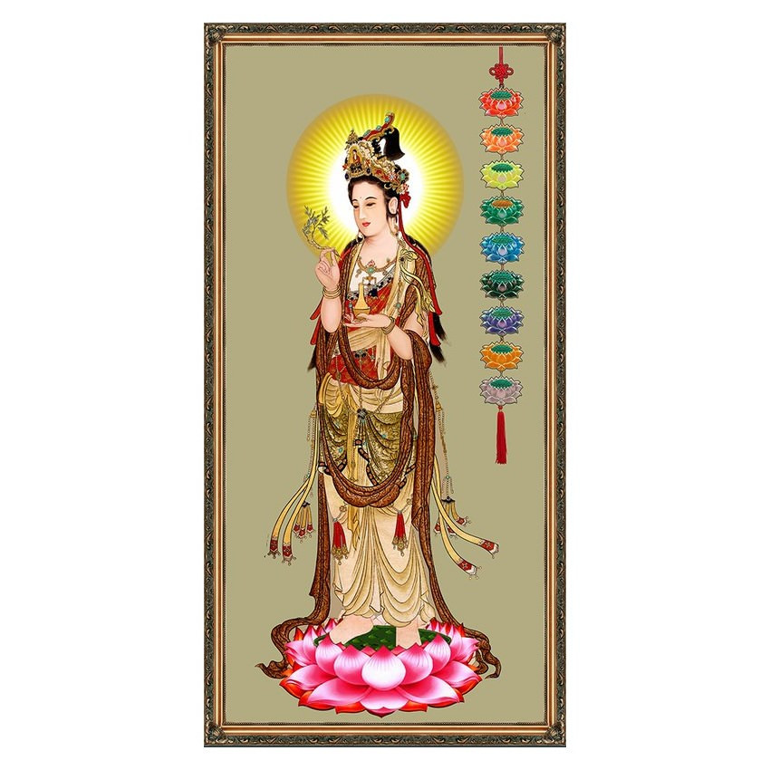 Tranh phật giáo trang trí nhà cửa, phòng thờ mẫu mẹ quan âm đứng trên tọa sen, Tranh Phật Giáo Quan Âm Bồ Tát 2378