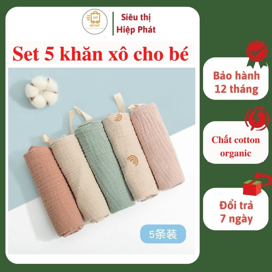 Set 5 khăn xô Organic Musilin tree 4 lớp xuất Hàn cho bé có móc treo 23x23cm - An toàn, siêu thấm hút