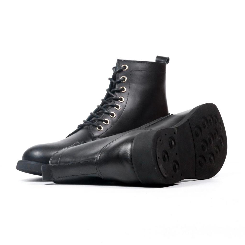 Giày da nam Combat Boots Captain 01 (Com01), da bò đen trơn cao cấp, Lucas Shoes bảo hành 1 năm