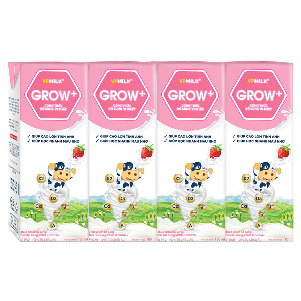 Sữa Tiệt Trùng Có Đường VPMilk Grow+ Vị Dâu Hộp 180ml (Thùng 48 Hộp)