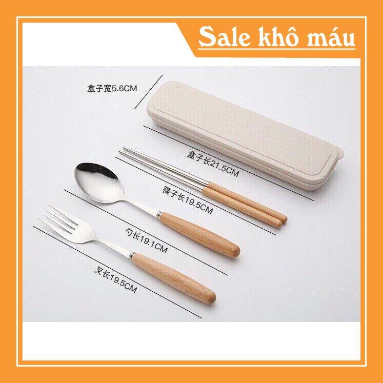 Bộ thìa đũa lúa mạch cán gỗ kèm hộp đựng