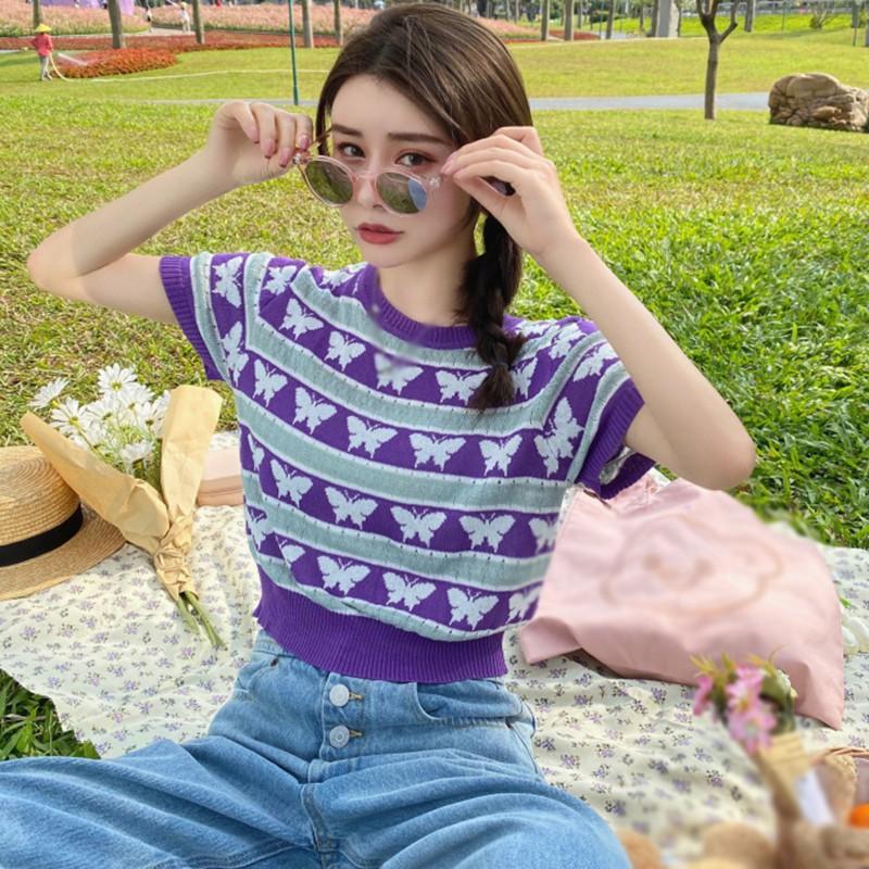 Áo thun dệt kim tay ngắn cổ tròn họa tiết bướm cho nữ