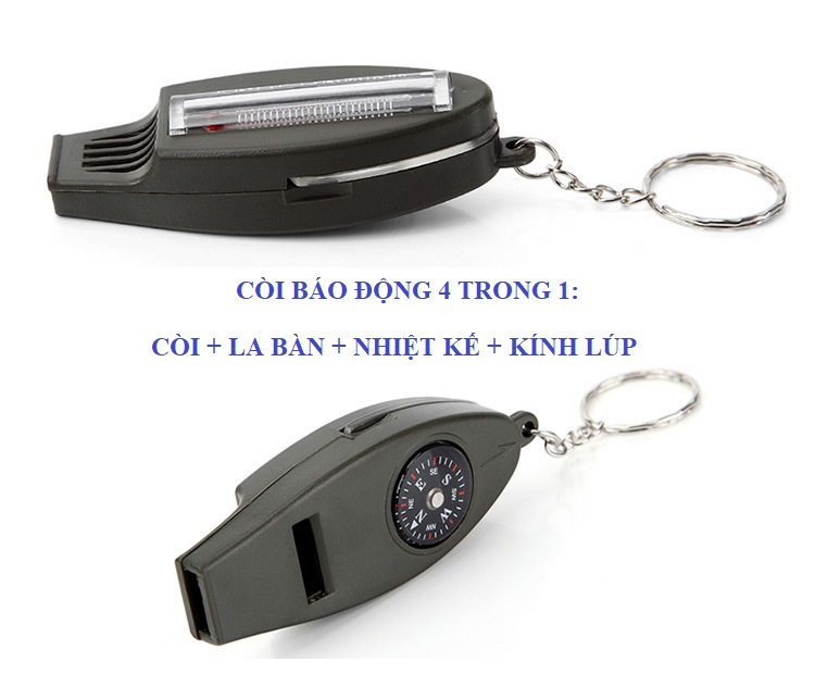 Còi thổi cứu hộ 4 trong 1 kèm La Bàn + Nhiệt Kế + Kính lúp sử dụng trong leo núi, dã ngoại, cắm trại, sinh tồn