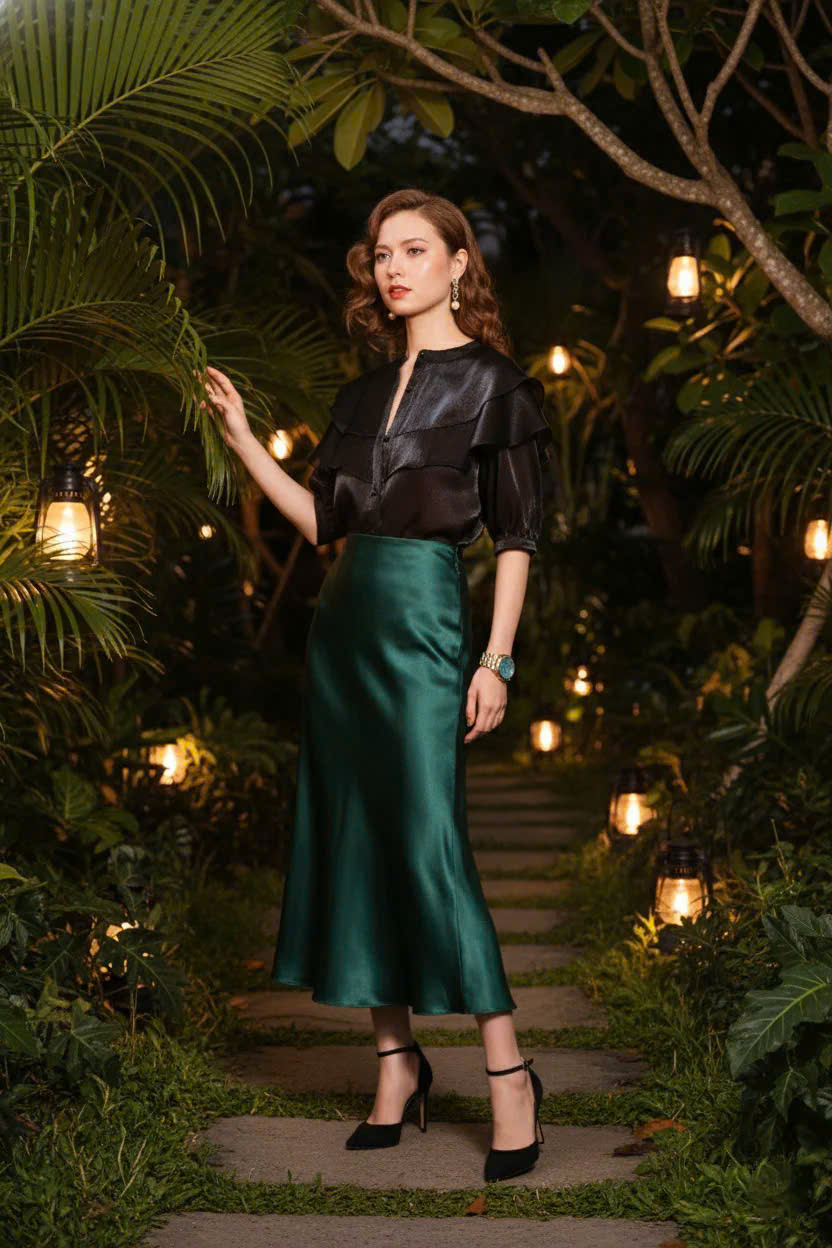 Áo Cổ Trụ Tay Phồng Organza Đen thời trang thiết kế Hity Top181