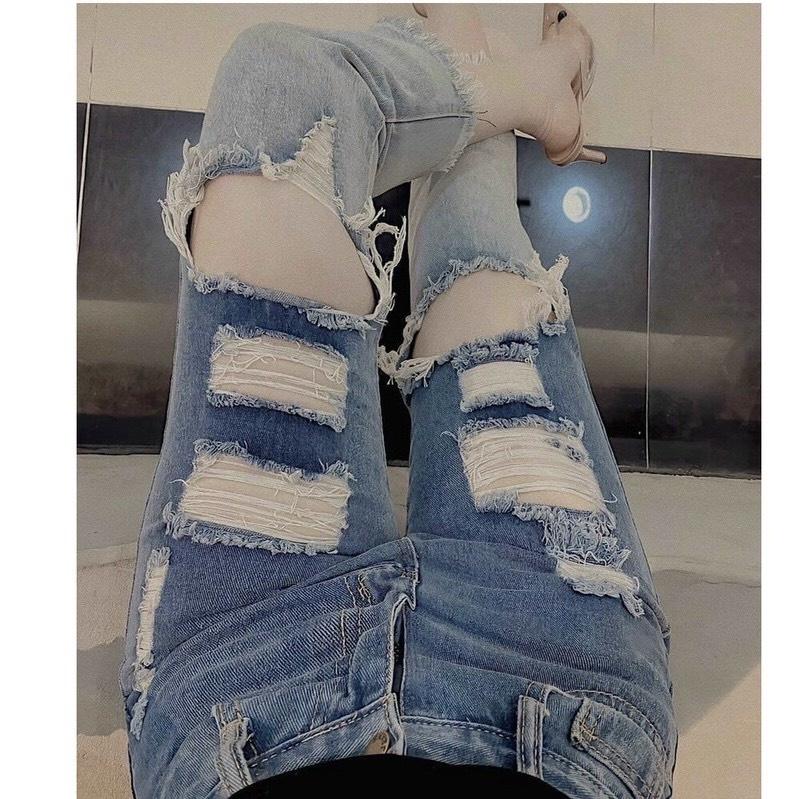 Quần jean 9 TẤC BIGSIZE Lưng cao Lai Tua, Rách Loang Bụi cực ngầu, co dãn mạnh dành cho người béo Hottrend Moliruan