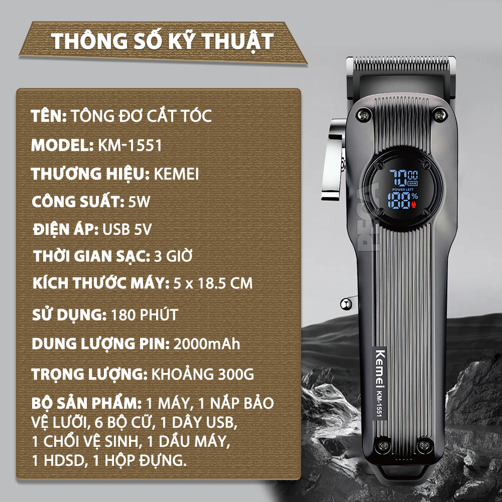 Tông đơ cắt tóc chuyên nghiệp Kemei KM-1551 công suất mạnh 5W màn hình LCD sạc nhanh USB type C tiện lợi - Chính hãng