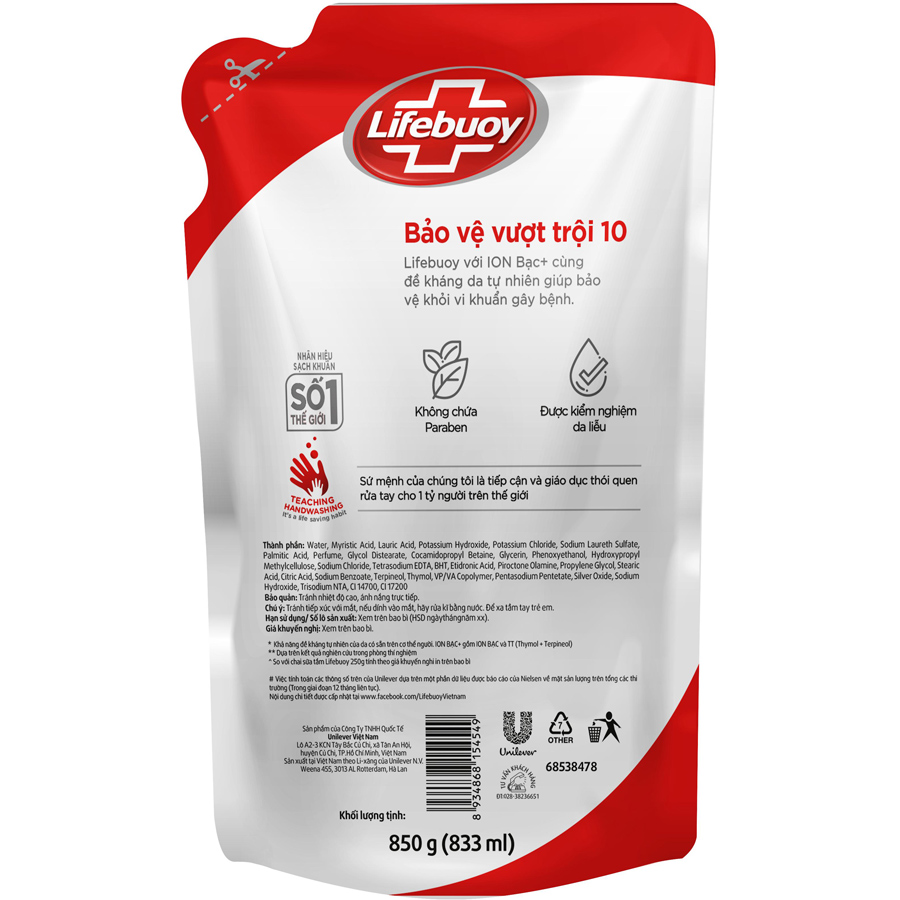 Sữa Tắm Lifebuoy Sạch Khuẩn Bảo Vệ Khỏi 99.9% Vi Khuẩn Chứa Ion Bạc+ Hỗ Trợ Cùng Đề Kháng Da Tự Nhiên Túi 800G