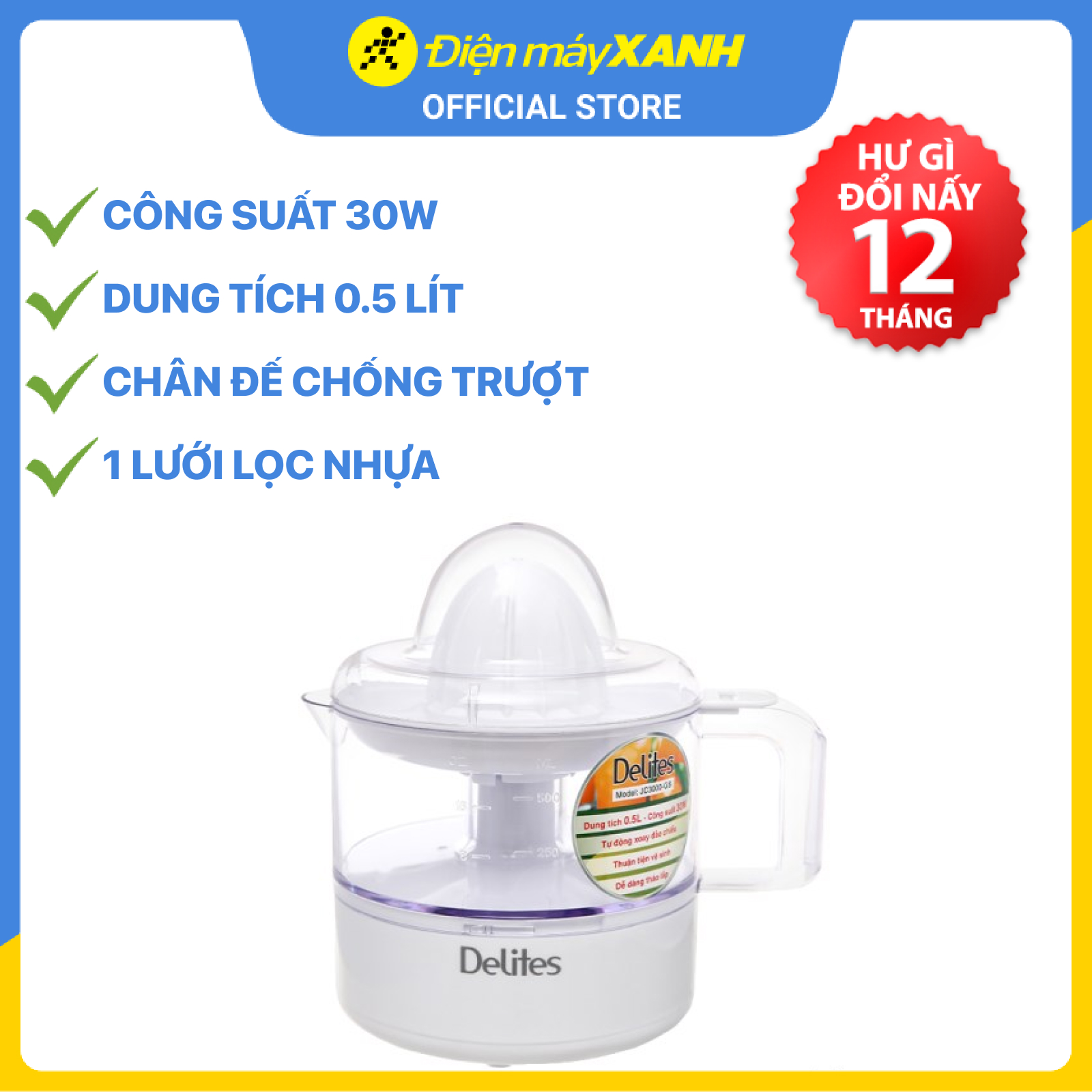 Máy vắt cam Delites 30W JC3000-GS - Hàng chính hãng