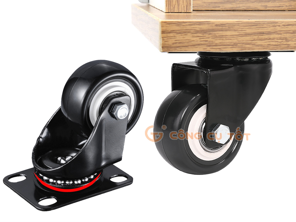 Bánh xe đẩy mặt đế xoay càng sắt tải trọng 35kg lốp nhựa PU đen rộng 23mm Φ50mm
