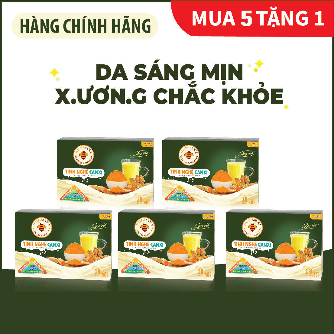 Combo 5 hộp Tinh nghệ canxi Honimore 288g - 18 gói - Thơm ngon dễ uống [TẶNG 1 HỘP 18 GÓI] - Tốt cho dạ dày, đẹp da