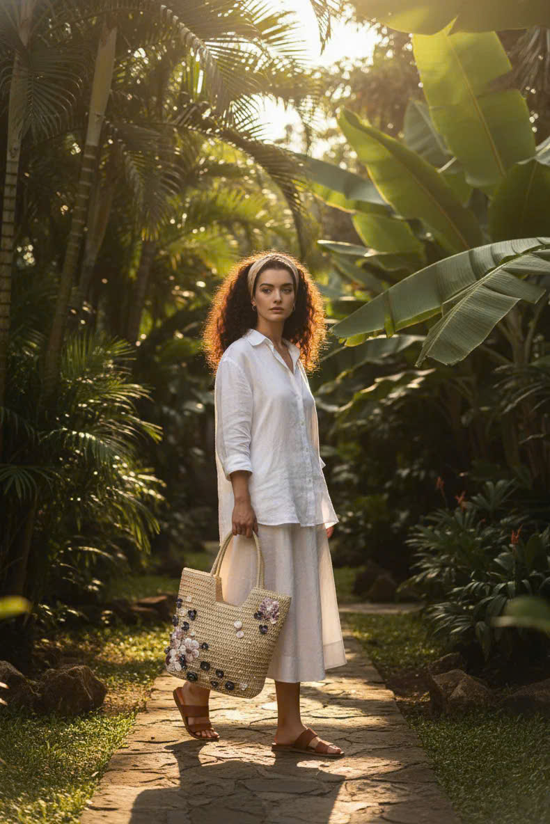 Giỏ Cói Giấy Mềm Dáng Tote Gắn Vỏ Sò, Giỏ Cói Tote Hải Đường ACC142