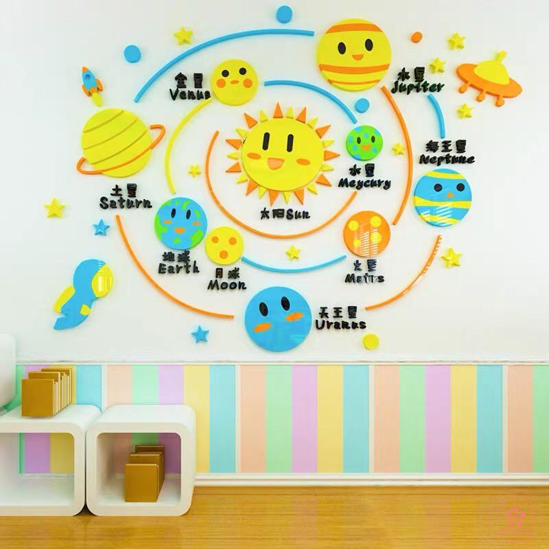 Decal dán tường mica 3D hệ mặt trời, các hành tinh, trang trí lớp học Tiếng Anh cho bé