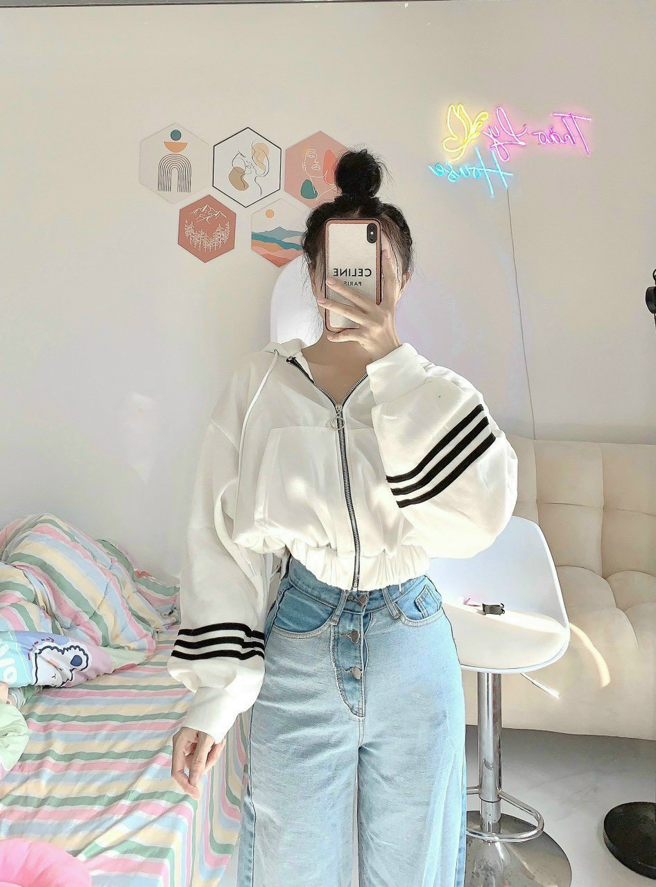 Hình ảnh Áo Khoác Bomber Nữ Có Nón Mũ, Khóa Kéo Zip - Kiểu Croptop Lửng Vải Nỉ Ngoại Bo Sọc Tay- FREESHIP RẺ ĐẸP - Chống Nắng