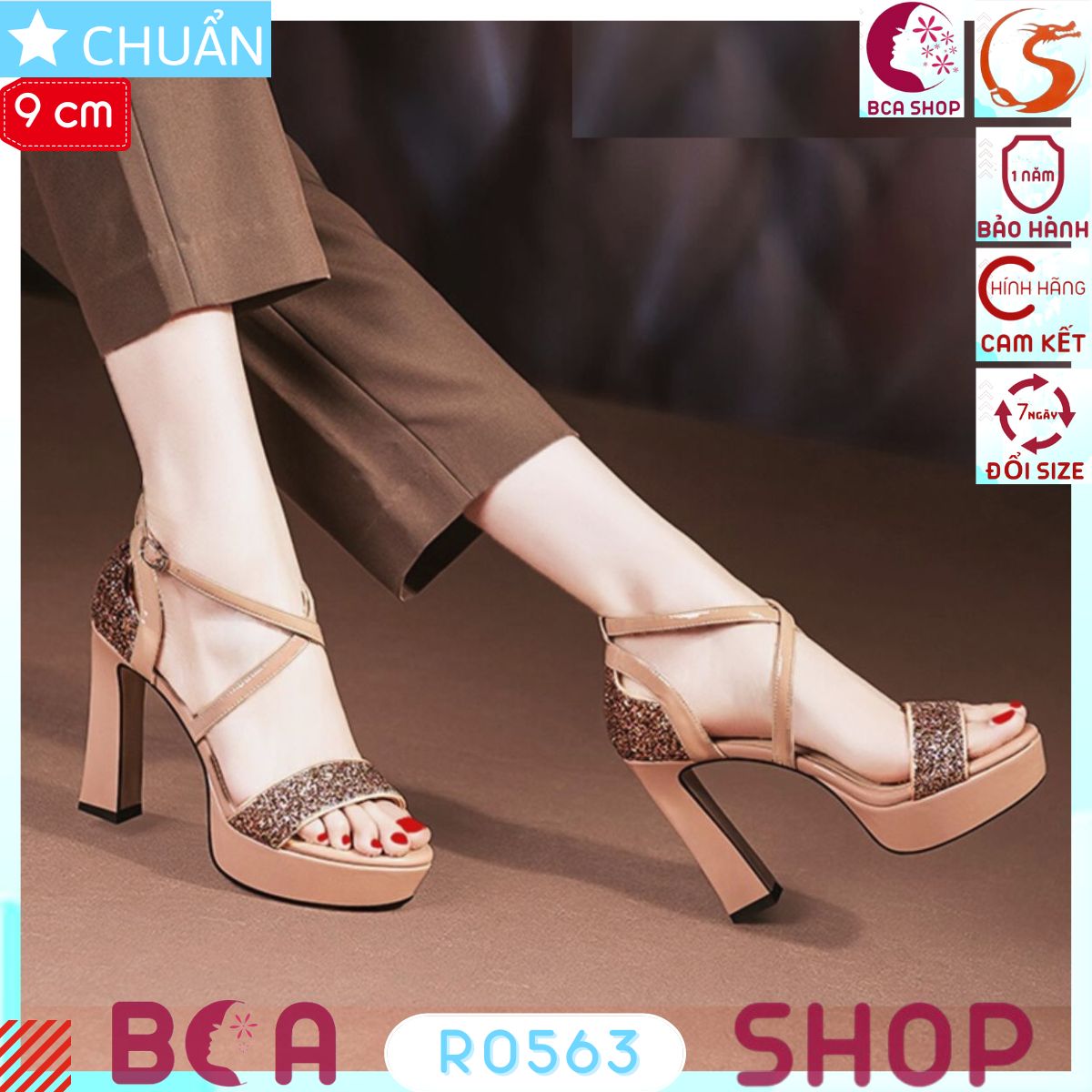 Giày cao gót hở mũi đế đúp nữ 9p RO563 ROSATA tại BCASHOP quai ngang đính kim tuyến sang trọng và nổi bật, tôn dáng ngà