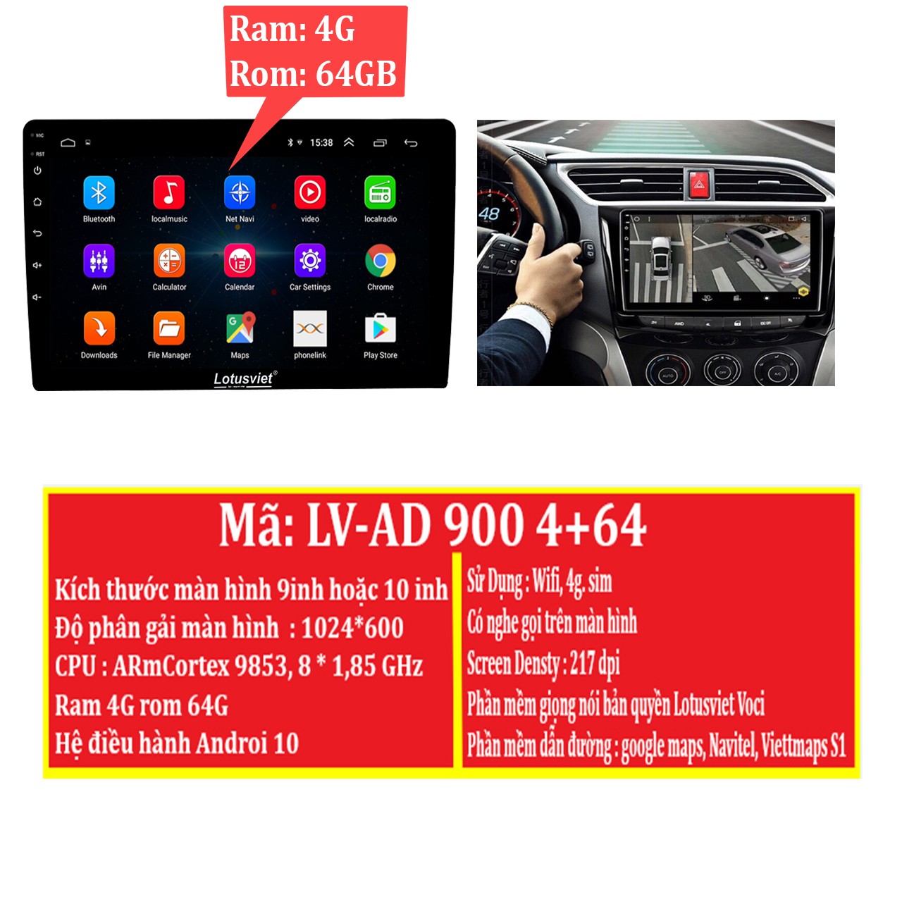 Màn hình DVD Android cao cấp Wifi, 4G dùng cho tất cả các loại xe ô tô Ram 4G Rom 64G - Hàng Chính Hãng - Mã: LV–AD900 4+64