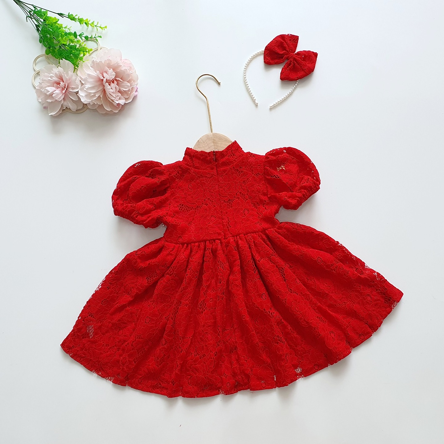 Váy Đỏ Ren Cổ Tàu Cho Bé Gái 4 - 18kg Tay Ngắn Xinh Xắn