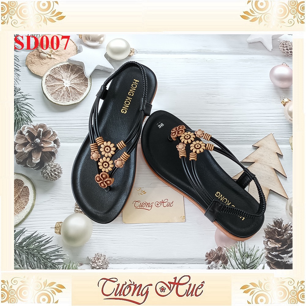 [Ảnh Thật 100%] Sandal Nữ Xỏ Ngón Quai Đính Hoa Đế Bệt - SD007