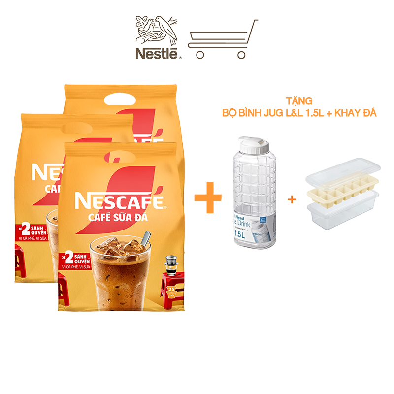 Tặng Bộ Bình Khay Combo 3 Bịch Cà Phê Sữa Nescafe - Bịch 25 Gói