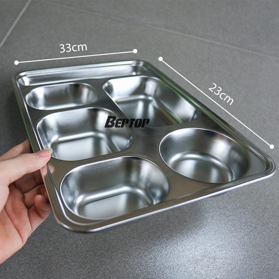 Khay Cơm 5 Ngăn Inox 201 Sâu Lòng Có Ngăn Để Đũa Kèm Nắp Nhựa
