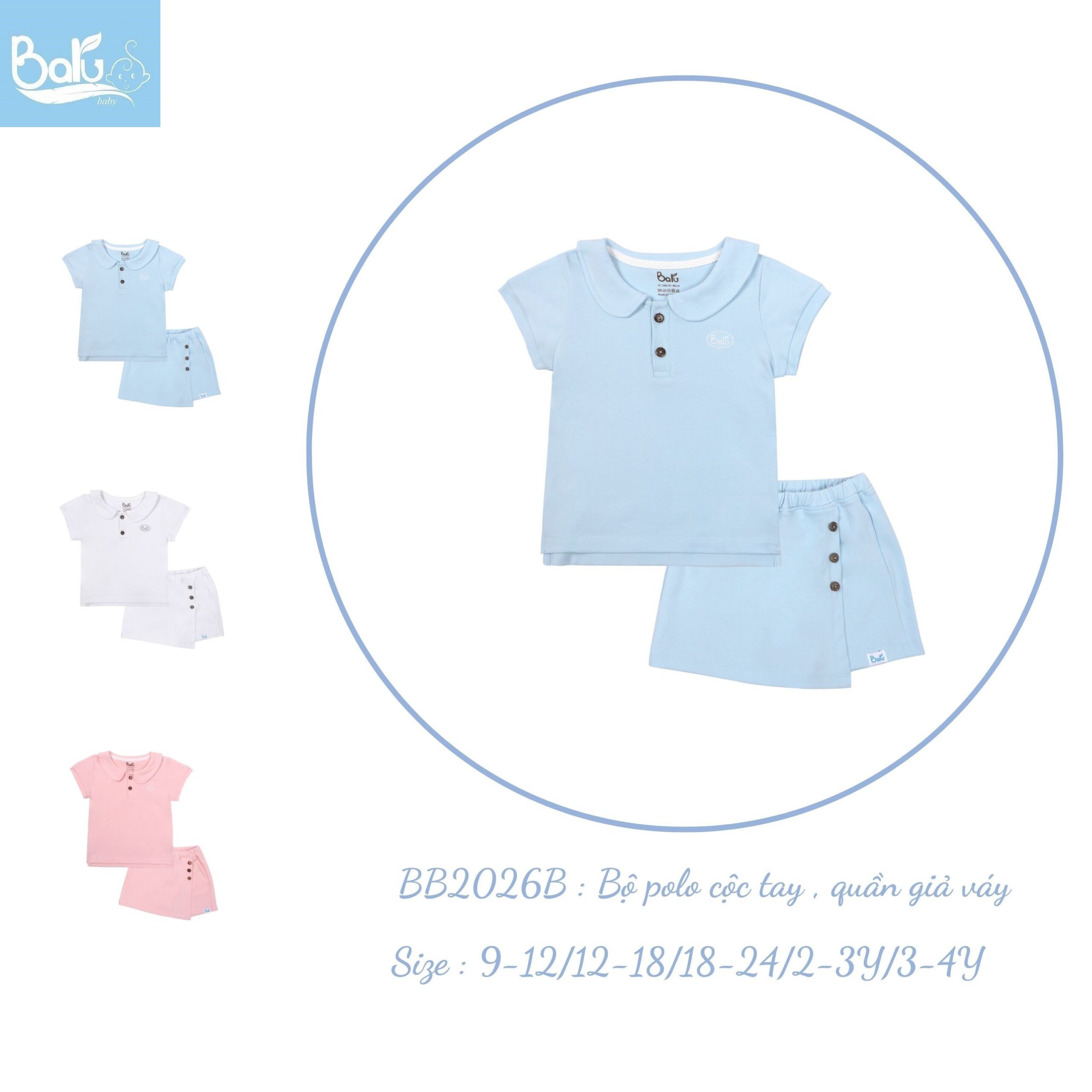 Bộ cộc tay polo kèm quần giả váy  BARU cho bé gái cotton 100%- thời trang trẻ em ( 6M -4Y )