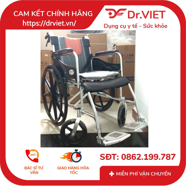 Xe lăn khung nhôm Lucass X-91L NEW  Hỗ trợ người già đi lại khó, người di chuyển kém mặt nệm lưới, túi đựng đồ rộng rãi, gấp gọn tiện lợi,bánh mâm có thắng