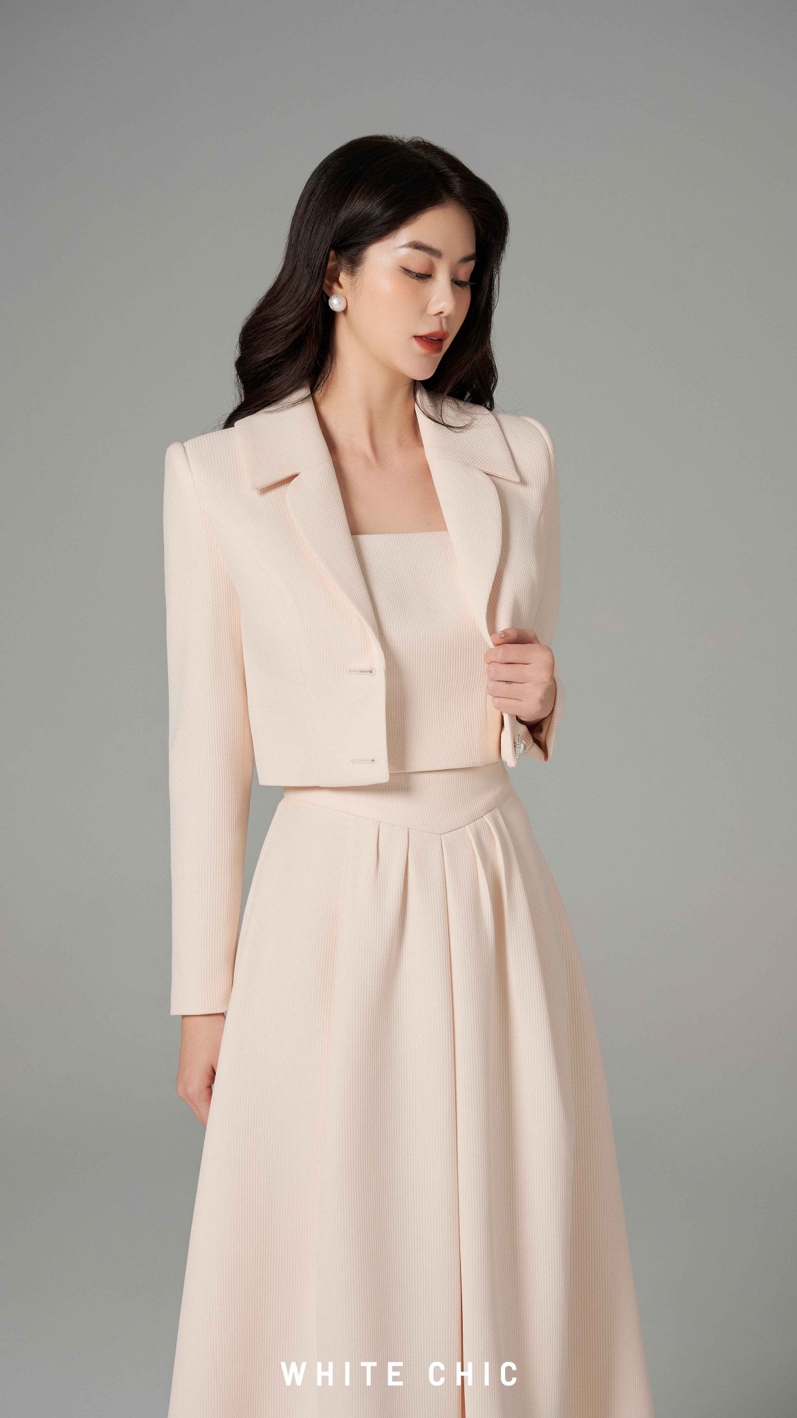 Set áo blazer &amp; chân váy xòe Euphoria thiết kế cao cấp WHITE CHIC - S