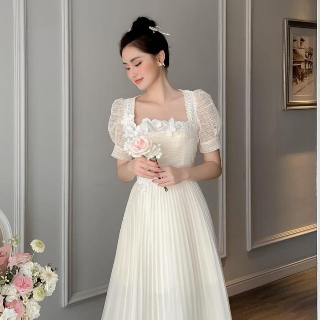 Đầm Thiết Kế MAY CH36 Chất Liệu Ren Phối Trượt Nhật Đính Hoa 3D - Đầm Dự Tiệc Sang Trọng Chuẩn MAY