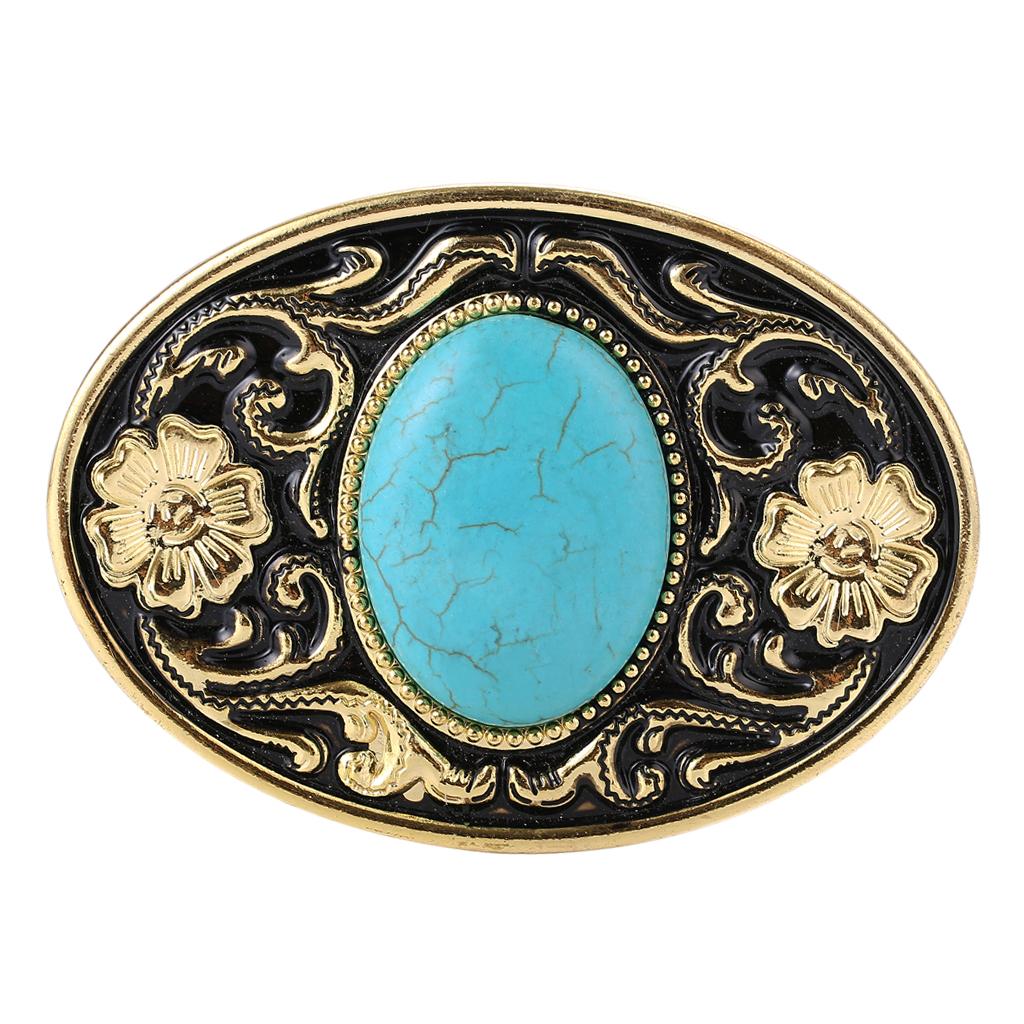 Retro Style Cowboy Belt Buckle Turquoise Stone Buckle 9x7cm Antique Silver
