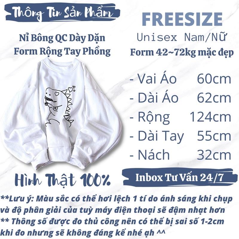 Áo sweater nam nữ nỉ bông qc dày dặn form rộng tay phồng chuôi đầu tay bí unisex in KHỦNG LONG