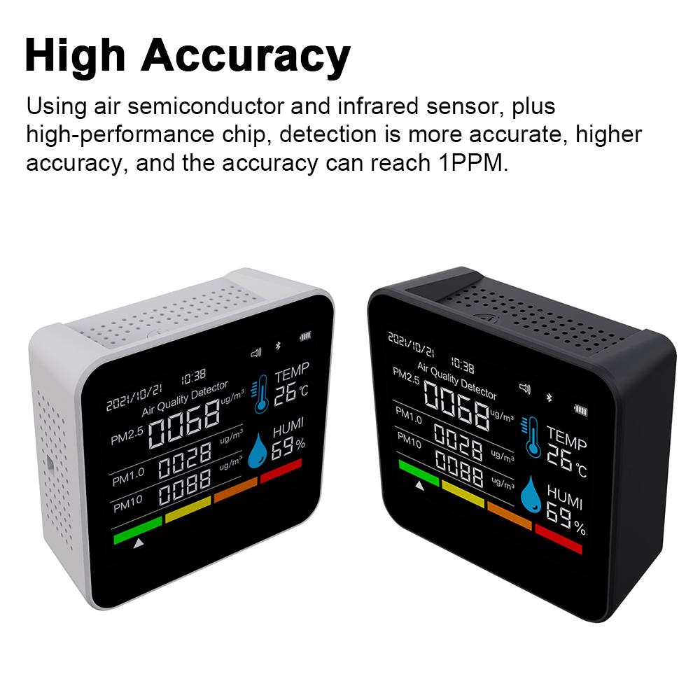 9 in 1 BT Air Quality Monitor CO2 Meter Carbon Dioxide Detector Time/Date CO2 TVOC HCHO PM2.5 PM1.0 PM10 Temperature Humidity Detection Support APP Control with Alarm Function for Home Office Car