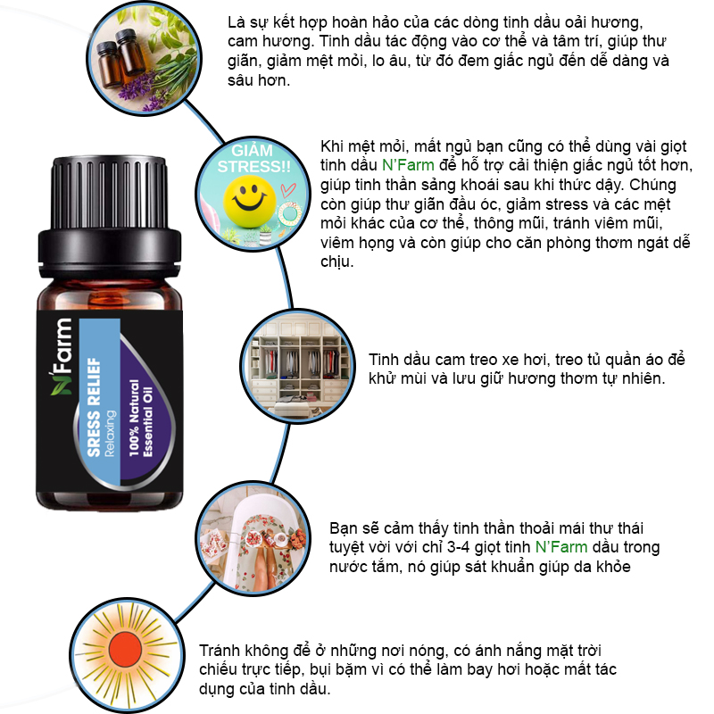 Tinh Dầu Thư Giãn Stress Relief N'Farm / Tinh Dầu Thiên Nhiên Nguyên Chất, Tinh Dầu Xông Phòng, Thích Hợp Dùng Với Đèn Xông Và Máy Khuếch Tán Tinh Dầu.