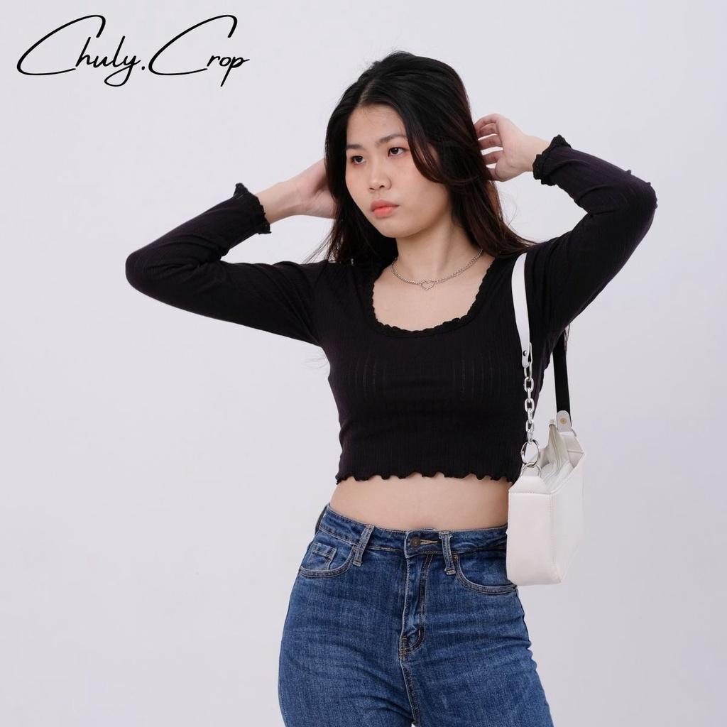 Áo croptop tay dài viền ren nữ tính. Áo croptop ren cổ chữ U tay dài siêu xinh, chất vải rất mềm và dày, siêu đẹp