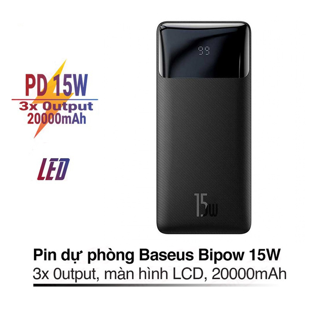 Pin sạc dự phòng 15W Baseus Bipow Digital pin 20000mAh màn hình LCD 3 Output - Hàng chính hãng