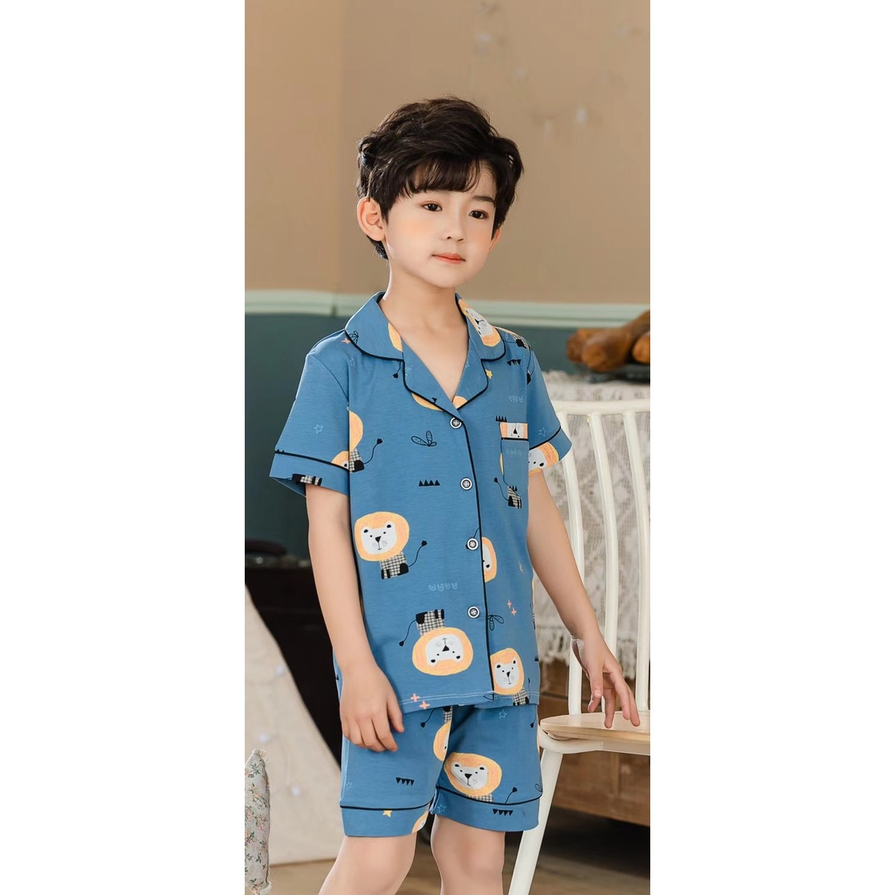 Bộ Pijama cộc tay hình Sư Tử xuất Hàn bé trai 2-14 tuổi