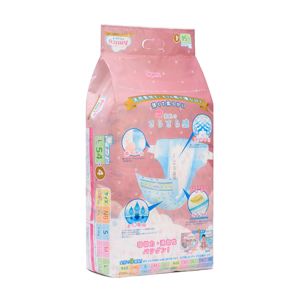 Bỉm - Tã dán Amico size L 54 + 4 miếng (Cho bé 9 - 14 kg)