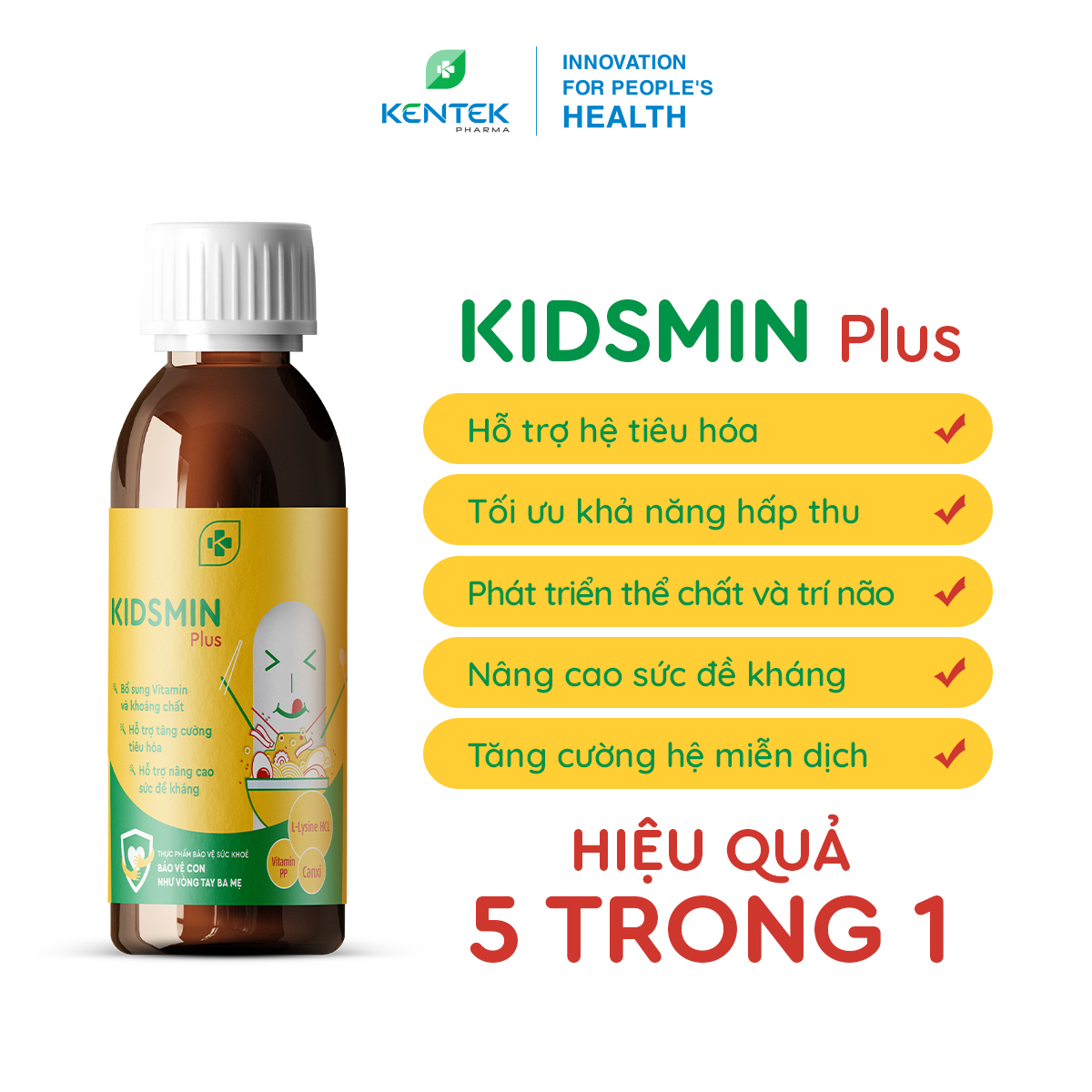 Siro ăn ngon, bổ sung dinh dưỡng, tăng hệ miễn dịch, phát triển toàn diện cho trẻ còi xương KIDSMIN PLUS | Kentek Pharrma | Chai 100ml