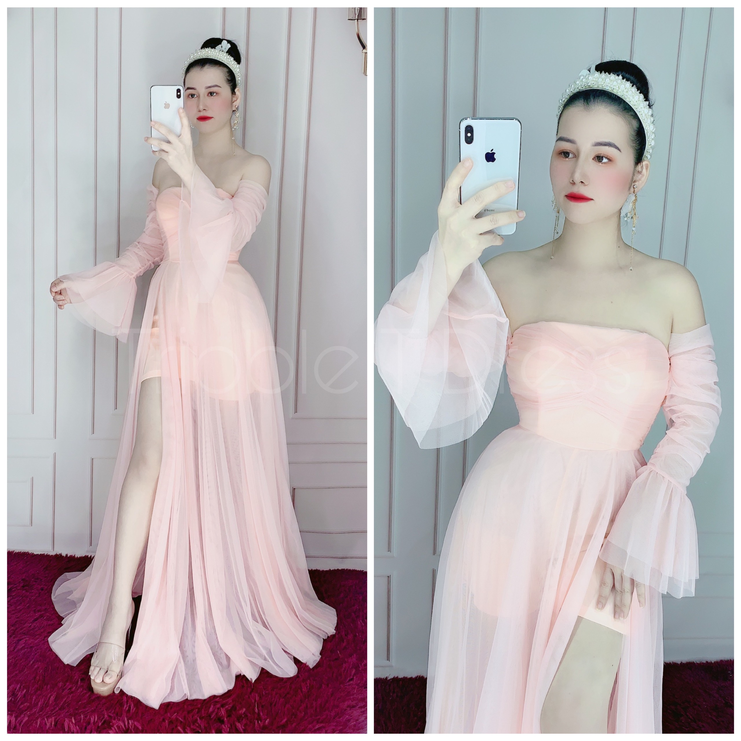 Đầm maxi dự tiệc tay loa xẻ đùi trễ vai lưới TRIPBLE T DRESS - size M/L - MS246V