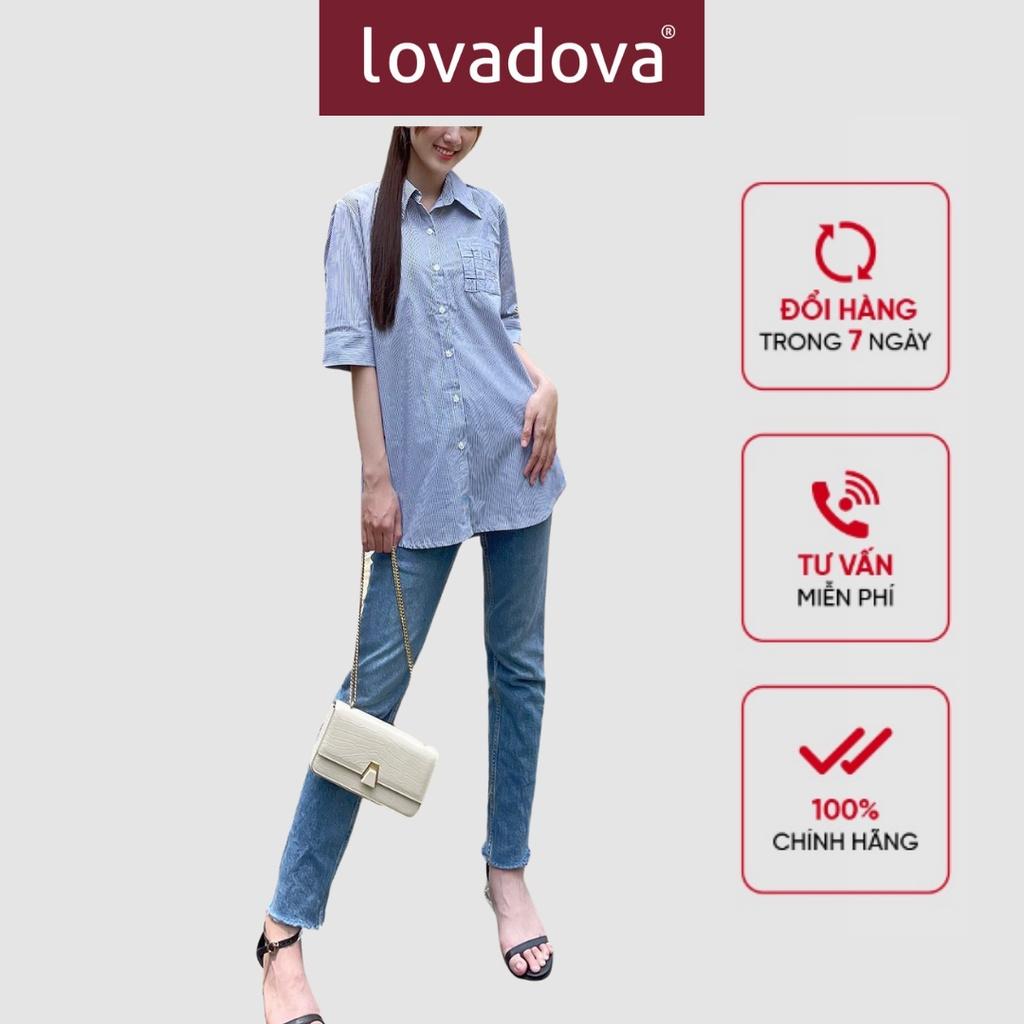 Áo Sơ Mi, Dài Tay, Cách Điệu Có Túi, Màu Xám Sọc - Lovadova 21B10C002