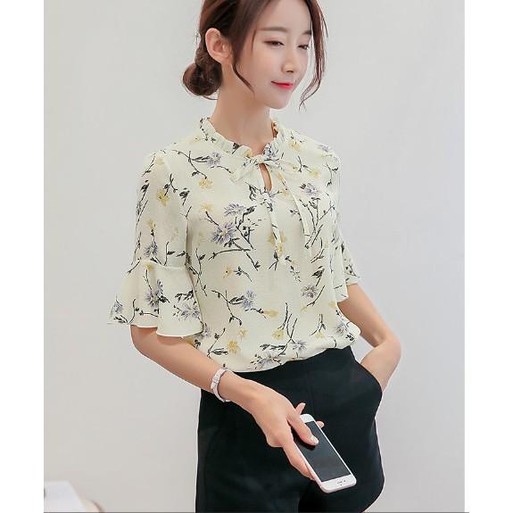 Sơ mi công sở, đi chơi tay bèo, tay lơ cổ nơ chất Voan họa tiết hoa siêu đẹp mặc mát mẫu mới 2021