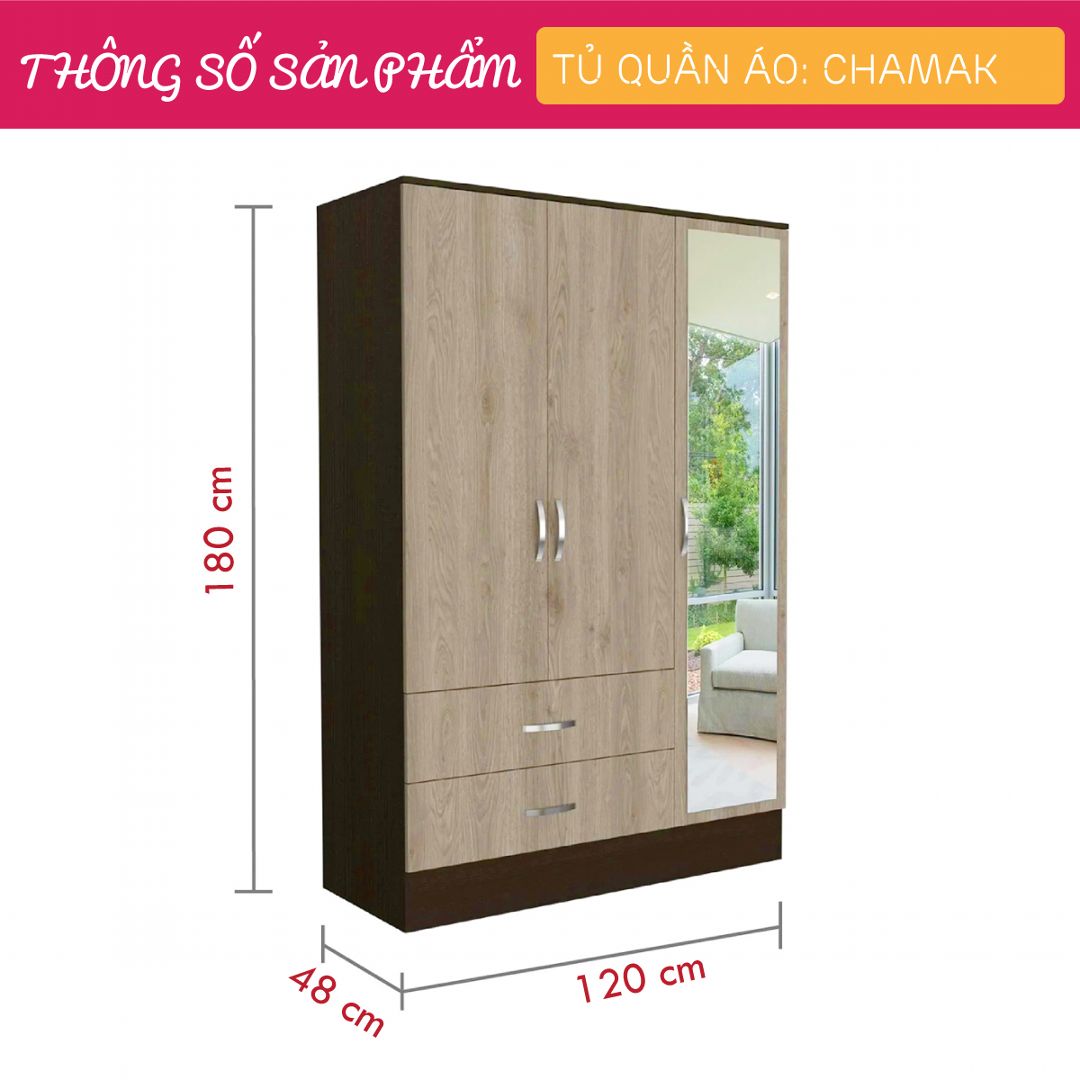 Tủ quần áo gỗ hiện đại SMLIFE Chamak | Gỗ MDF dày 17mm chống ẩm | D120xR48xC180cm