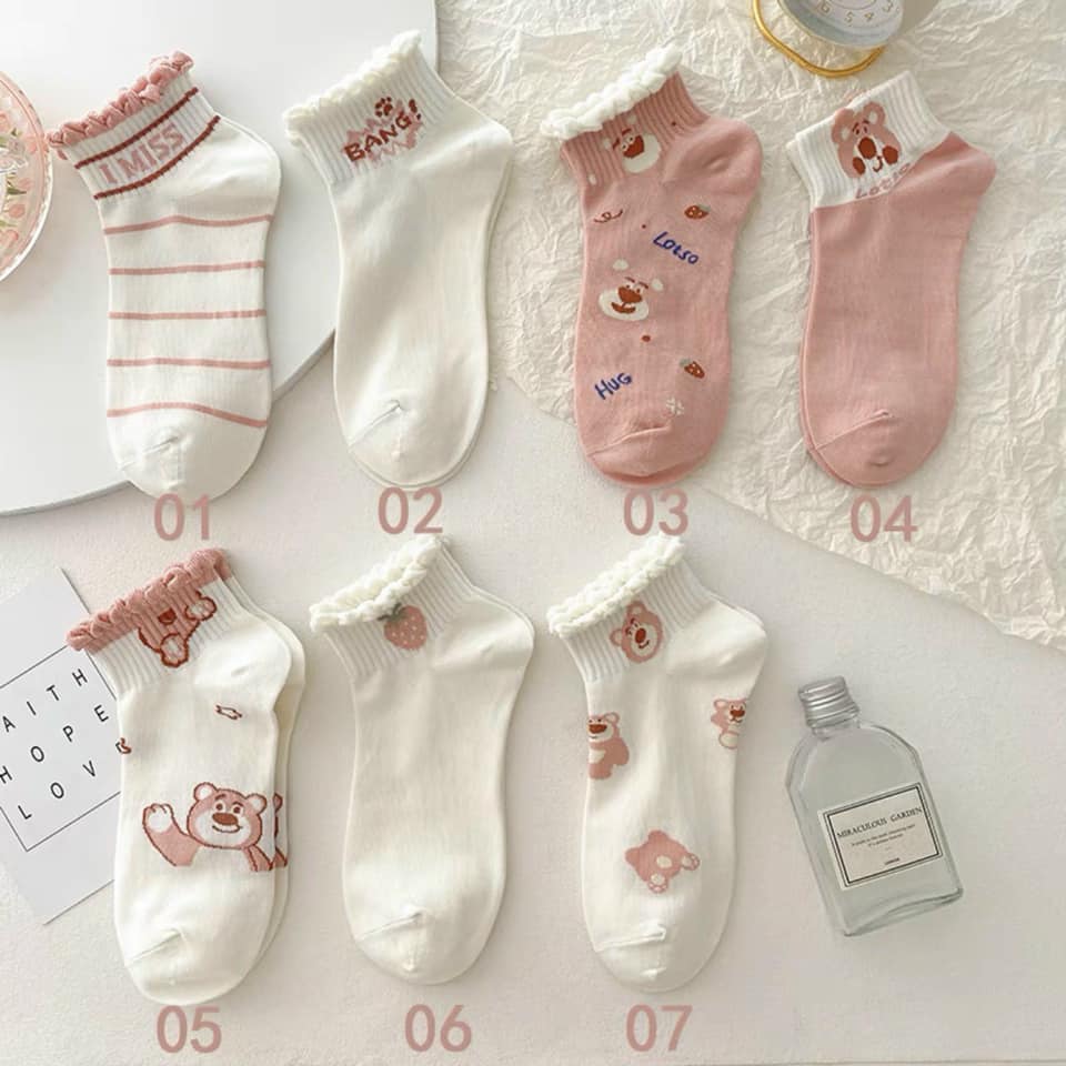 10 Đôi Tất Cổ Ngắn Hoạ Tiết Gấu Hồng Siêu Hot Phong Cách Hàn Cổ Bèo