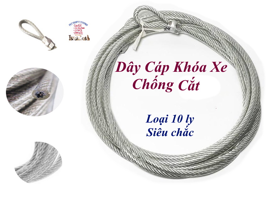 Dây cáp khóa xe Loại 10 ly Dài từ 60cm đến 3m Bọc nhựa Lõi cáp thép Siêu bền, Siêu chắc, An toàn, Chống cắt, Chống trộm