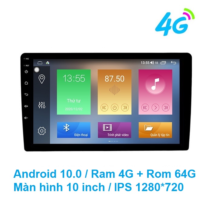 Màn hình DVD Android Ram 4G, Rom 64G tích hợp 4G, Wifi, độ phân giải 1280*720, có thể kết nối Apple Carplay có dây và không dây